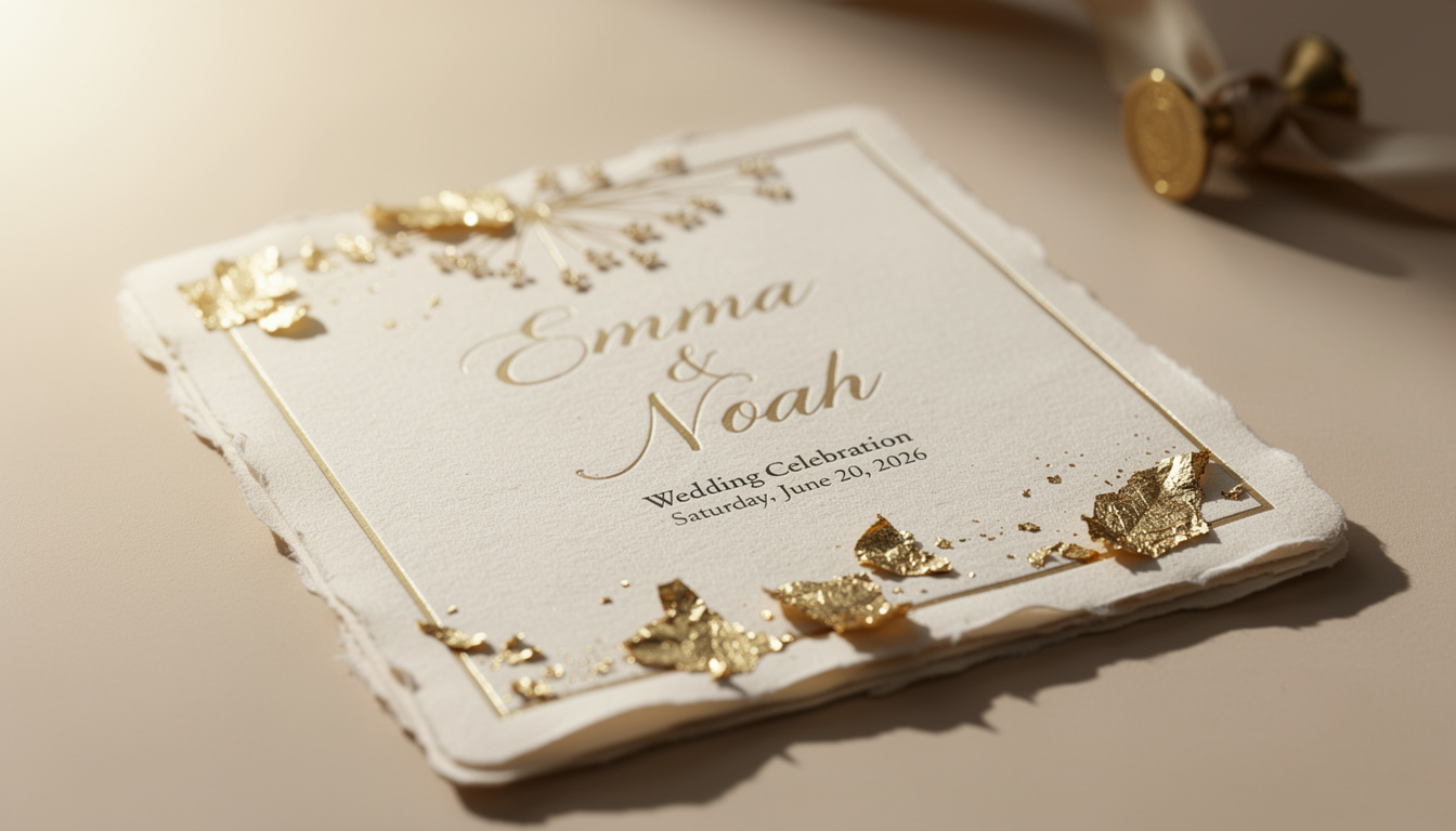 découvrez notre collection de faire-part de mariage dorés avec feuilles d'or, la tendance chic incontournable pour célébrer votre union en 2026 avec élégance et style.