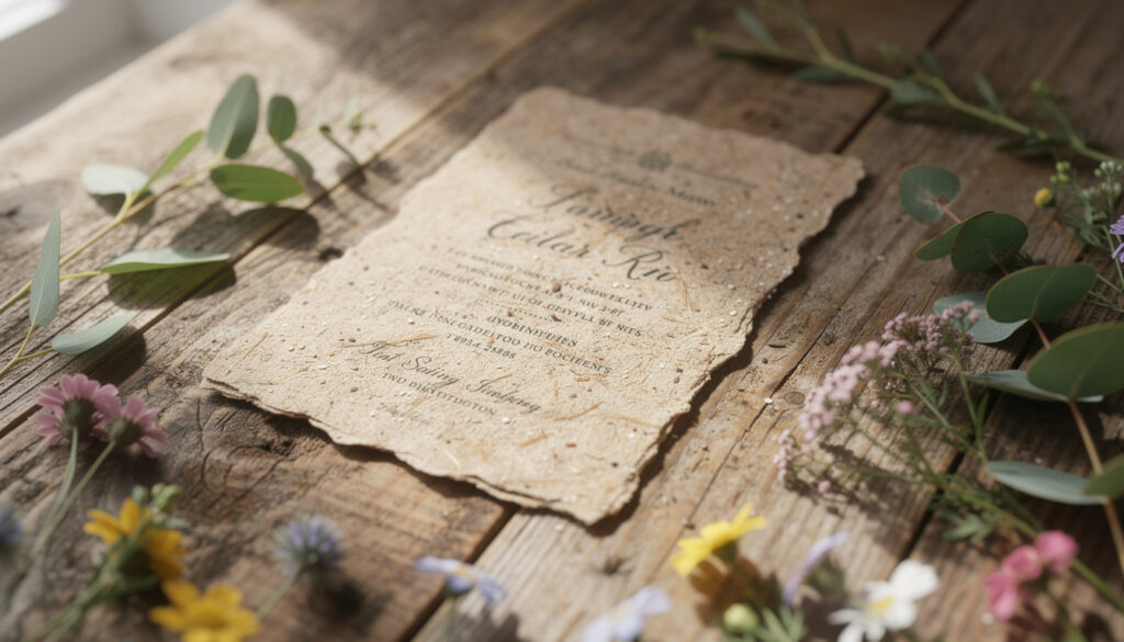découvrez nos faire-part de mariage éco-responsables, fabriqués avec du papier ensemencé, recyclé et végétal, pour une invitation élégante et respectueuse de l'environnement.